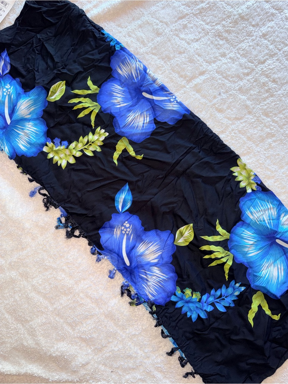 Black Sarong with Blue Hibiscus Floral Print